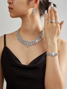 Bedazz Luxury 5-Piece Shiny Edged Tassel Cubic Zirconia Jewelry Set For Women, Perfect For Party & Bride Wedding - B0445-r - View 4