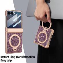 Shockproof Shiny Glitter Electroplated Hidden Circular Bracket Phone Case With Tempered Glass Screen Protector Compatible With Samsung Galaxy Z Flip 7/6 Foldable Phone Full Protection Birthday Gift - Purple - View 7