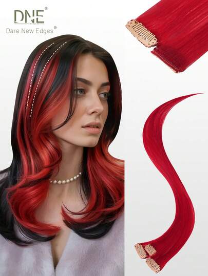 DNE HAIR Colored Clip In Hair Extensions 100% Real Human Hair 18 Inch 3Pcs Red Invisible Straight Highlight Colorful Hairpieces Rainbow Hair Extension For All Hair Types & Fashion Lovers