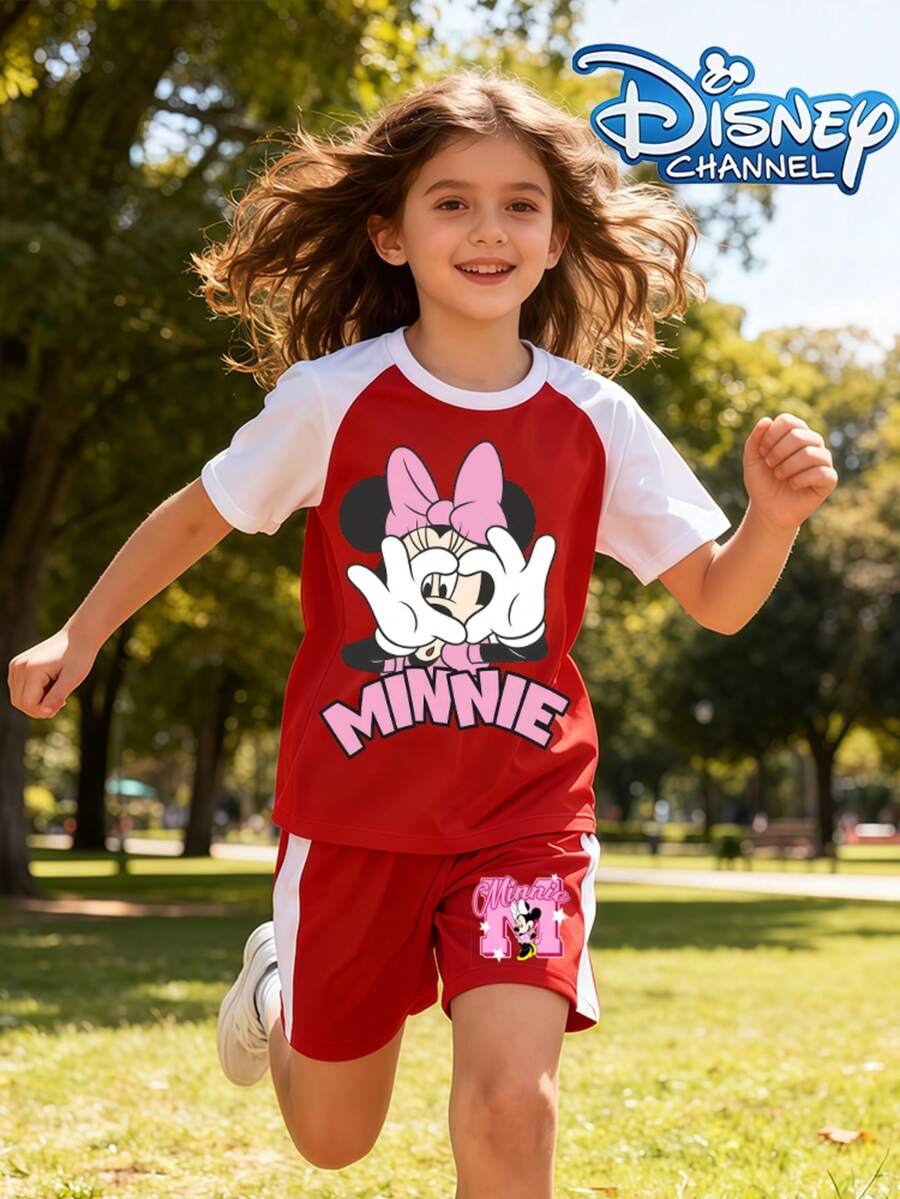 Disney Minnie Mouse Girls' Short-Sleeve T-Shirt & Shorts Set, Breathable Summer Casual Outfit For Kids - 紅色-白色 - 查看 1