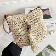 Straw Bag With Adjustable Crossbody Strap - Summer - Beautiful, Stylish - Fashion - Shope - Màu Khaki - Xem 2