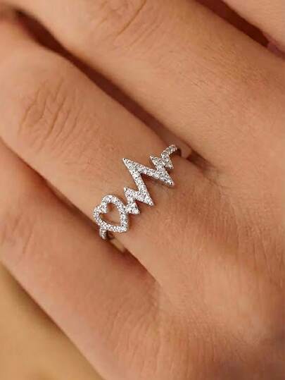 1pc Dainty Heartbeat Design Ring, Silver Plated Rhinestone Decor ECG Pulse Finger Ring, Fashion Minimalist Jewelry Gift For Women