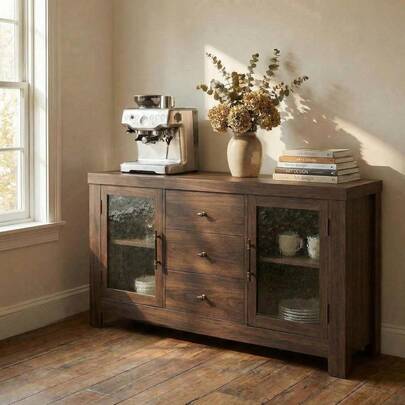 CuisinSmart 54.4"Buffet Cabinet With Storage,Farmhouse Sideboard Buffet With 2 Glass Doors & 3 Drawers,Wooden Coffee Bar Cabinet Adjustable Shelves For Living Room, Kitchen, Dining Room