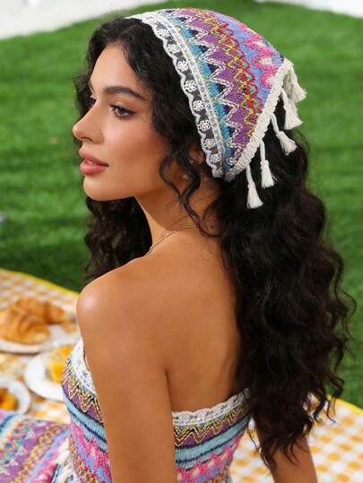 1 pieza Bufanda triangular con flecos de estilo bohemio y rayas de colores