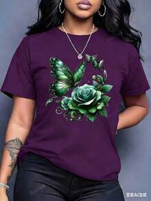 Women'S Casual Crew Neck T-Shirt With Purple Rose And Butterfly Graphic Print,Ideal Birthday Or Holiday Gift, White And Navy The-Shoulder Cropped Top - 紫色 - 查看 1