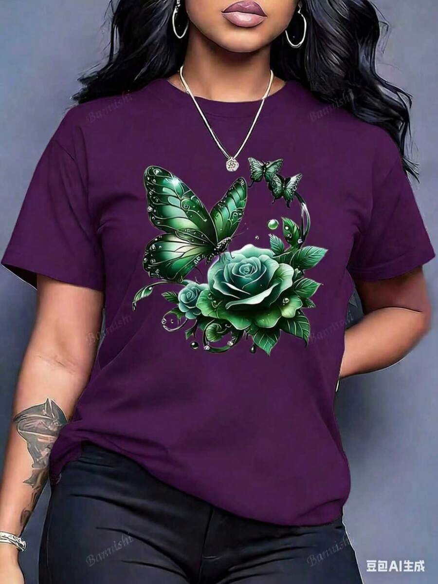 Women'S Casual Crew Neck T-Shirt With Purple Rose And Butterfly Graphic Print,Ideal Birthday Or Holiday Gift, White And Navy The-Shoulder Cropped Top - 紫色 - 查看 1