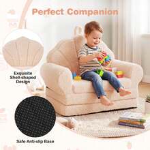 Fold-Out Kids Sofa 2-In-1 Convertible Toddler Couch & Lounger With Non-Slip Base Beige/Green/Pink - 米色 - 查看 6