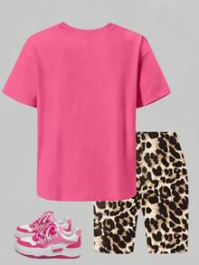 2pcs Tween Girl Casual Summer Set, Digit Print Simple T-Shirt And Leopard Print Leggings, Suitable For Spring/Summer, Back To School, Outdoor/Home/Travel Outfit - Hot Pink - View 4