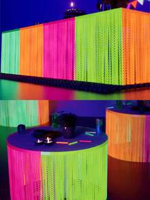 Bộ 2 gói 8 món đồ trang trí tiệc phát sáng trong bóng tối, váy phủ bàn bằng giấy kim tuyến hình lượn sóng huỳnh quang kiểu Macaron, rèm phông nền phản quang UV neon cho trang trí tiệc sinh nhật, đám cưới, tiệc phát sáng. - Xem 2