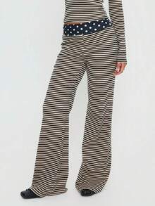 Women's Y2k Stripe Fold Over Pants Fashionable Casual Loose Fit Dot Patchwork Bell Bottom Stretch Straight Leg Trousers - 黑色 - 查看 2