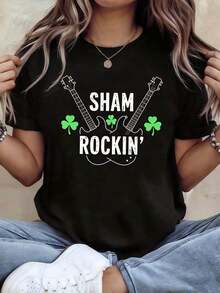 SHAM ROIN' St. Patrick's Day Rock Guitar Pattern Printed T-Shirt For Women Spring Summer Short Sleeve Round Neck Casual T-Shirt Daily Casual Holiday Gift St. Patrick's Day Clothing Unisex Loose Fit Comfortable Vintage Street Style Cotton T-Shirt Top - 黑色 - 查看 6