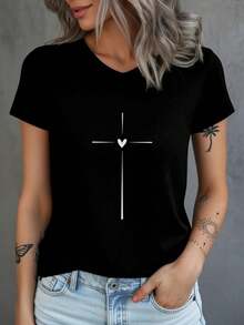 Women's Cotton T-Shirt Blouse Comfortable Delicate Heart Cross T-Shirt - 黑色 - 查看 1