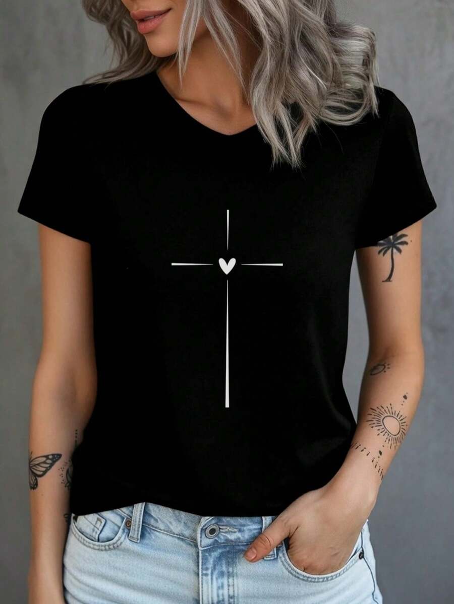 Women's Cotton T-Shirt Blouse Comfortable Delicate Heart Cross T-Shirt - 黑色 - 查看 1