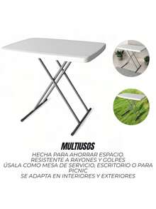 Mesa plegable de plástico auxiliar resistente (ajustable medidas) 75x50 ideal como mesa de trabajo, comedor o para jardín, perfecta para picnic o campismo, soporte 60 kg, diseño compacto y ligero - Blanco - Ver 4