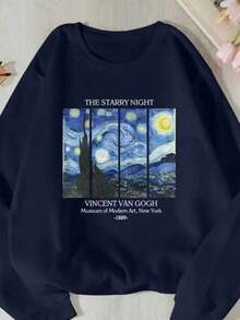 Crew Neck Sweatshirt With Van Gogh Print, New Release Model, Comfortable Fleece-Lined Sweatshirt. - Navy Blue - View 3