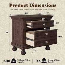Fully Assembled Solid Wood Nightstand With 2 Storage Drawers, 26" Extra Large Traditional Bedside Cabinet For Bedroom - Dark Brown - View 2