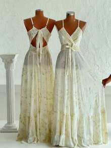 Elegant White Women's Long Silk  Print Dress - 淺色水洗藍 - 查看 1