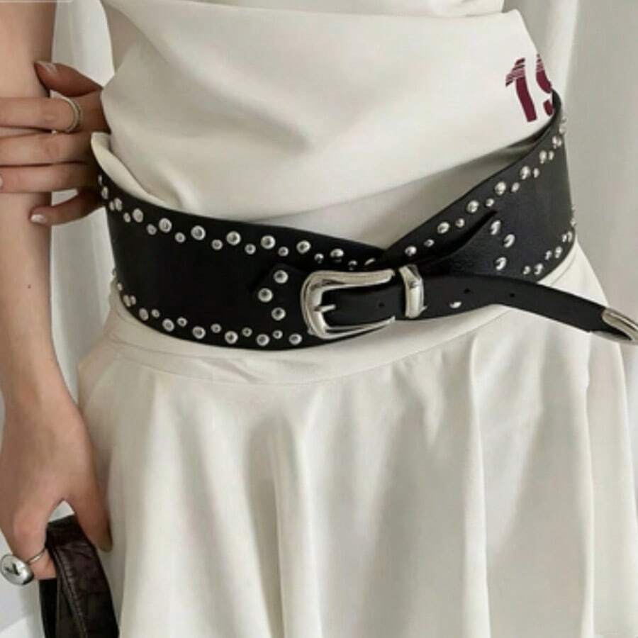 New Rivet Punk Wide Belt, Versatile Retro Fashion Accessory - Black - View 1