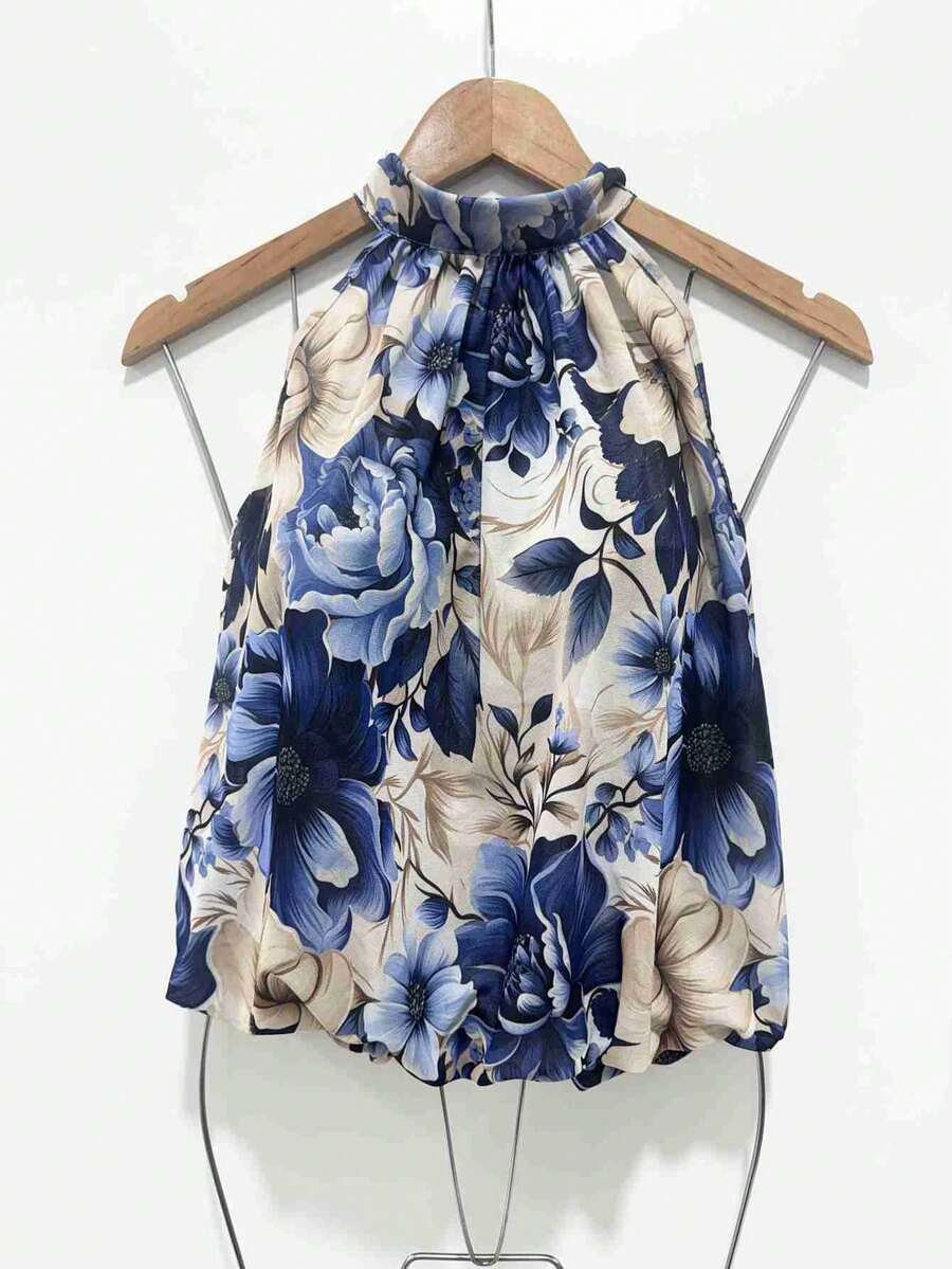 Stylish Women's Floral High Neck Blouse - Royal Blue - View 1
