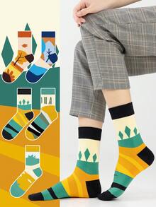 1/5 pares de calcetines unisex con pintura de naturaleza, diseños de hojas de árbol y florales, diseño artístico, algodón peinado, adecuado para viajes, hogar, oficina, vacaciones, regalo - Multicolor - Ver 1