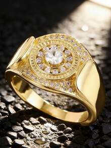 1枚新款优雅锆石男士戒指，奢华圆盘设计，适合派对、日常佩戴，父亲节礼物 - 彩色 - 查看 3