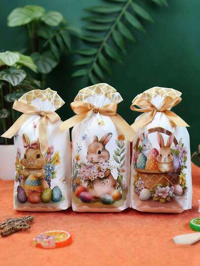 10pcs Easter Bunny & Floral Drawstring Gift Bags - Cute Cartoon Rabbit Design With Colorful Eggs, Flowers & Butterflies, Perfect For Easter Party Favors, Treats, And Decorations