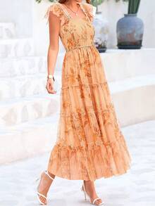 Women's Summer Mid-Length Dress Casual Sleeveless Pleats Ruffled Tulle Flowing New Year Party Wedding Guest Sundress - 杏底橙花 - 查看 5