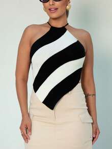 top de malha blusa feminina dois tons criss cross sem encosto verão tricot modal amarração - Preto - Visão 3