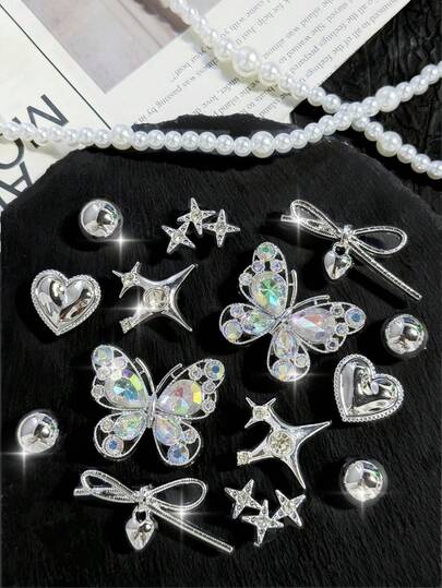 14pcs Silver Colorful Bowknot Heart Beads, Cute Silver Colorful Series Shoe Accessories Suitable For Women Shoes, Sandals, Slippers, DIY Decoration, Excellent Birthday, Party, Holiday Gift Choice