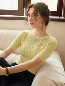 Knit Mix 優雅女款法式復古風針織泡泡袖上衣，春夏圓領修身T恤，簡約復古復古風隨機圖案黃色秋季 - 黃色 - 查看 8