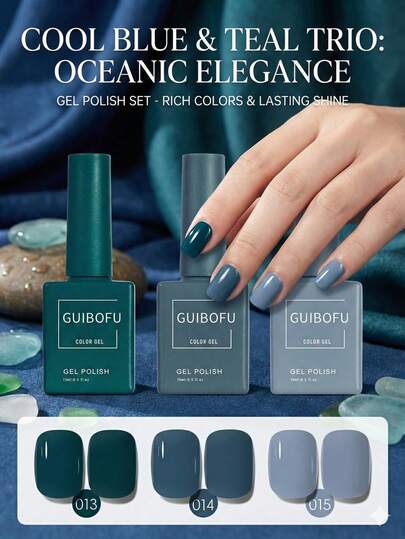 GMUME 3 Stück/Set 15ml Ozeanblau Gel Nagellack, Blaugrün Pfauengrün Grau Blau, coole Winterfarben, beruhigender Stil, hochpigmentiertes Salonqualität DIY Set, UV LED Abweichgel