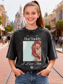 This Disney Women's T-Shirt Features A Creative Ariel Princess Letter And Cartoon Print. It's A Spring/Summer Style Round Neck Vintage Washed Cotton T-Shirt, Made Of Soft And Comfortable Pure Cotton Fabric, Suitable For Everyday Wear, Shopping, Travel, And Casual Occasions. It Also Makes A Wonderful Gift. - màu đen - Xem 1