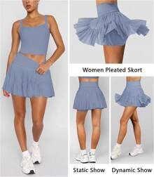 Women's Mini Skirt Skort Flowy Pleated High Waisted Ruffle Tennis Skirts For Women Athletic Skater Golf With Shorts Pockets - 藍色 - 查看 3