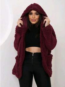 Simple Casual Party Woolen Fabric Fuzzy Coat Everyday Winter - Burgundy - View 5