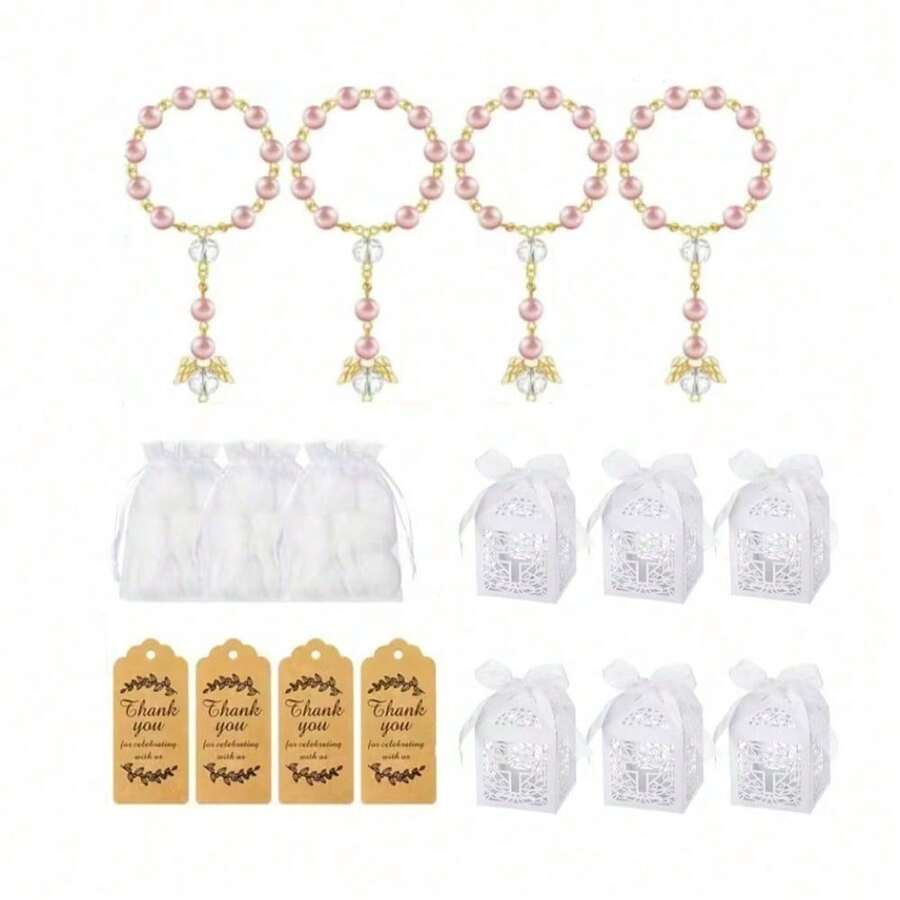 100 Pieces Of Pink Baptismal Prayer Bead Bracelet, Small Angel Prayer Beads, First Baptism Communion Party Gift, Including 25 Baptismal Prayer Beads, 25 White Sandbags, 25 Gift Boxes, And 25 Baptismal Thank-You Cards - View 1