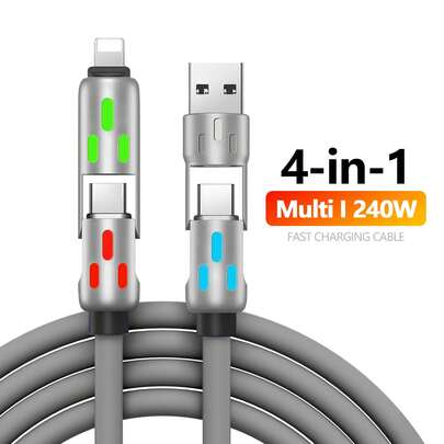 4-In-1 USB Charging Cord With USB A/Type C/Lightning - 240W Fast Charging & Data Transfer, Breathing Light For Smart Devices