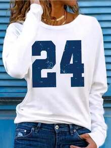 Women'S Oversized White Number 24 Print Long Sleeve Shirt - Soft Light Beige-Friendly Fabric, Casual Round Neck Top For Casual Attire, Fan Apparel & Jersey Style (Machine Washable) - Geometric Pattern, All-Season Comfort, Relaxed Fitgifts For Mom-Free Shipping - 白色 - 查看 4