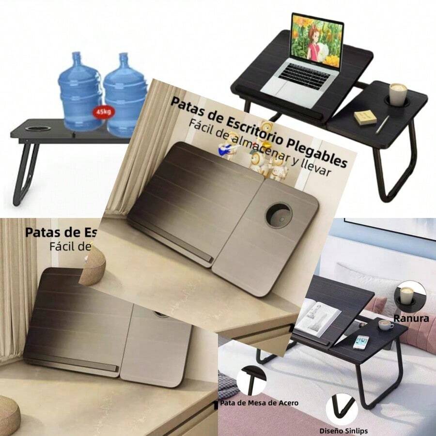 Mesa para Cama Plegable Escritorio Portatil para Laptop Mesita Laptop Cama con Portavasos y Ranura Inclinación Ajustable de 5 Niveles de Comer Jugar Estudiar y Trabajar - negro - Ver 1
