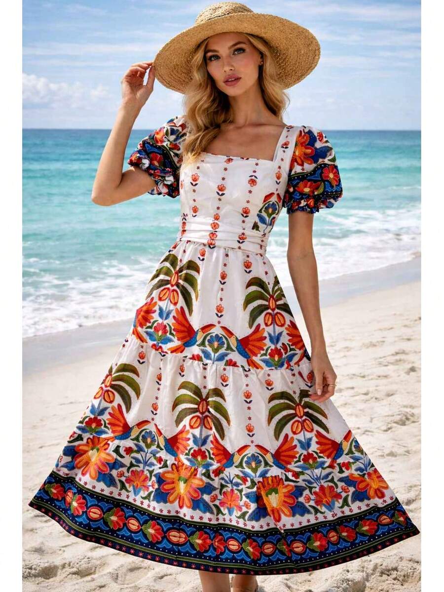 Elegant Women's Long Dress With A Short-Sleeved Print. - Olive Green - View 1