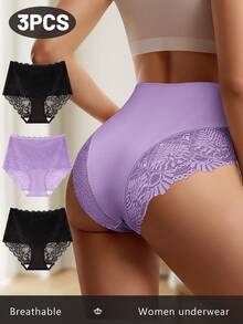 MEIYATING 3条装女士高腰蕾丝内裤，收腹提臀，镂空花卉性感内衣 - 彩色 - 查看 2