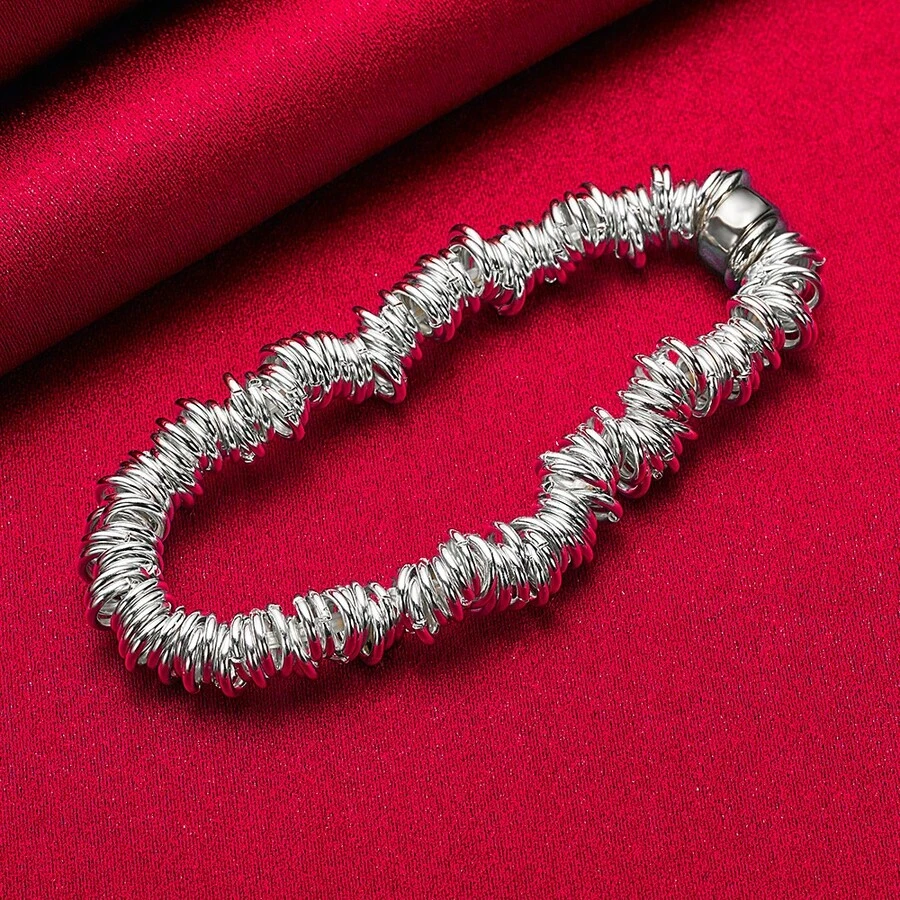 925纯银镀层多圈链手链，男女皆宜，婚礼饰品，时尚首饰 - 銀色 - 查看 1