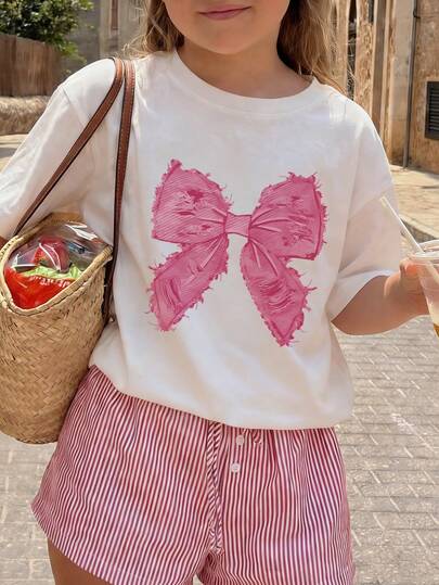 This Casual Print Crew Neck Short Sleeve T-Shirt Is Suitable For Girls And Children To Wear In The Summer - Sweet Pink Bow Pattern, Providing A Unique T-Shirt For Little Friends Who Love Bows And Want To Stand Out! Children's Wear, Girls' Graphic T-Shirt, Summer Top, Teen Clothing
