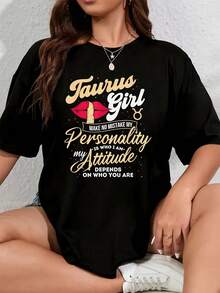 Taurus Girl Zodiac Sign Women's Plus Size 100% Polyester T-Shirt Shirt Casual 220g Funny Oversized Graphic Short Sleeve 1 Pcs Tee Novelty Crew Neck Top - 黑色 - 查看 1