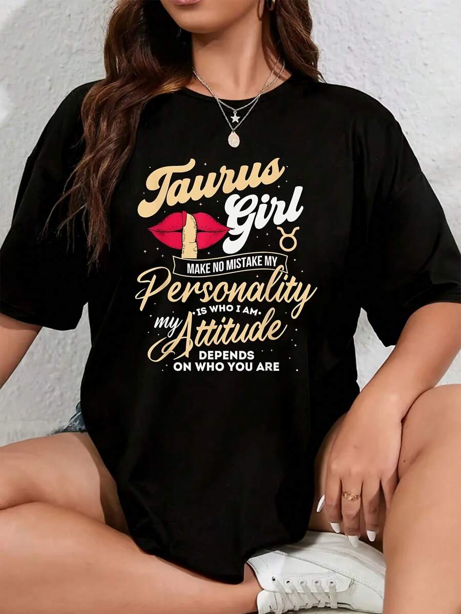 Taurus Girl Zodiac Sign Women's Plus Size 100% Polyester T-Shirt Shirt Casual 220g Funny Oversized Graphic Short Sleeve 1 Pcs Tee Novelty Crew Neck Top - 黑色 - 查看 1