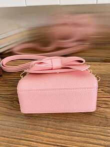 1个粉色荔枝纹理3D蝴蝶结亮面PU皮革小手提包，磁扣开合，甜美风格单肩/斜挎包，适合日常使用 - 粉色 - 查看 7