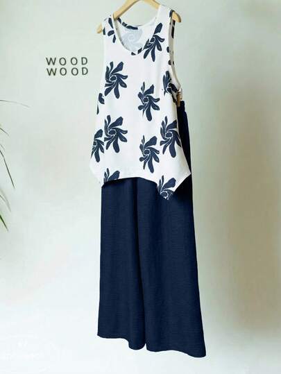 Plus Size Women's Solid Color & Floral Print Matching Casual Vacation Outfit, Spring/Summer