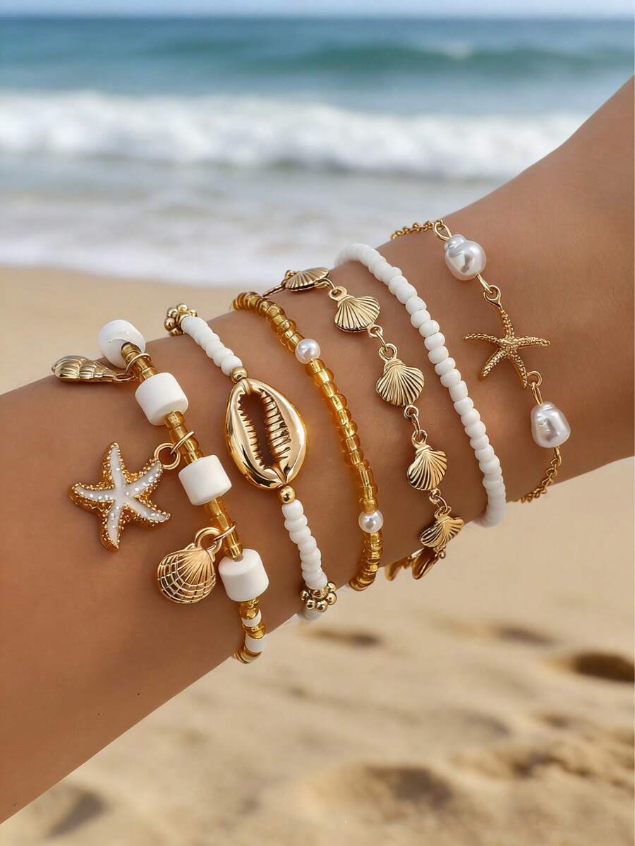 6pcs Bohemian Shell & Starfish Beaded Bracelet, Beach Jewelry - Multicolor - View 1