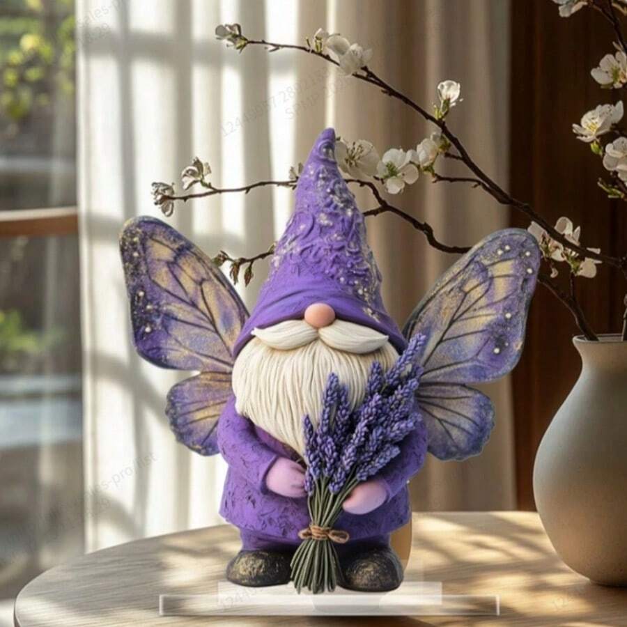迷人的紫色小矮人雕像 - 亚克力薰衣草色小矮人摆件，波西米亚花园主题装饰，适用于客厅、书房和户外空间