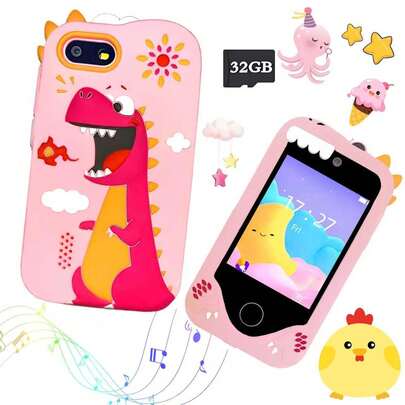 恐龙主题互动玩具手机，双镜头摄像头，多功能拍照录像，触摸屏显示，柔软保护套，包含32GB内存卡，是节假日和生日送给男孩女孩的理想礼物。