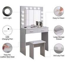 Grey Dressing Table Set With LED Lights Mirror, Vanity Makeup Table 2 Large Drawers And Stool - Light Grey - View 3